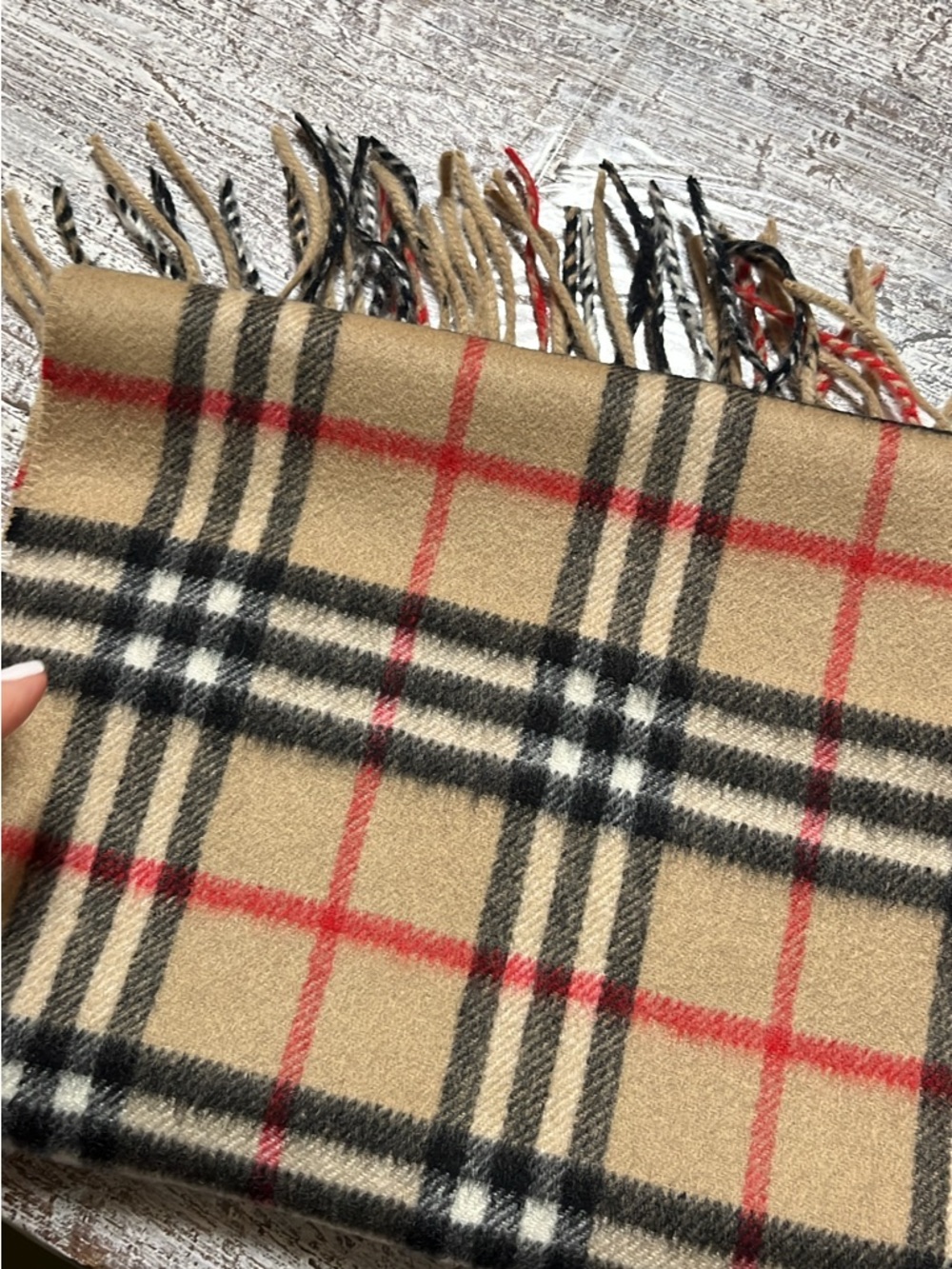 Burberry Tan, Black & Red Classic Check Fringe Scarf